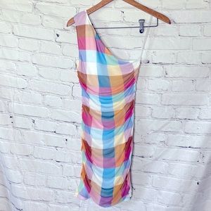 It’s Pink Blue Yellow Checkered One Shoulder Mesh Dress Size Medium